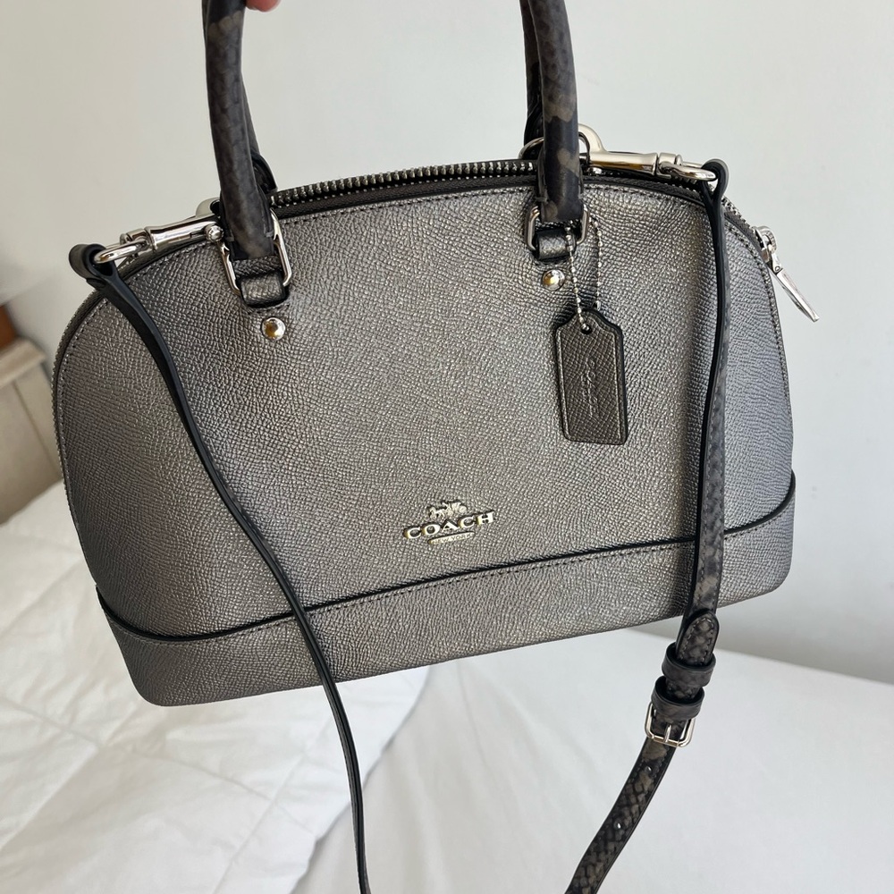 Coach Gray Satchel with Textured Leather and Silver Hardware